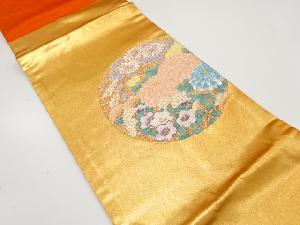 丸紋に秋草模様織り出し開き名古屋帯(額縁仕立て)